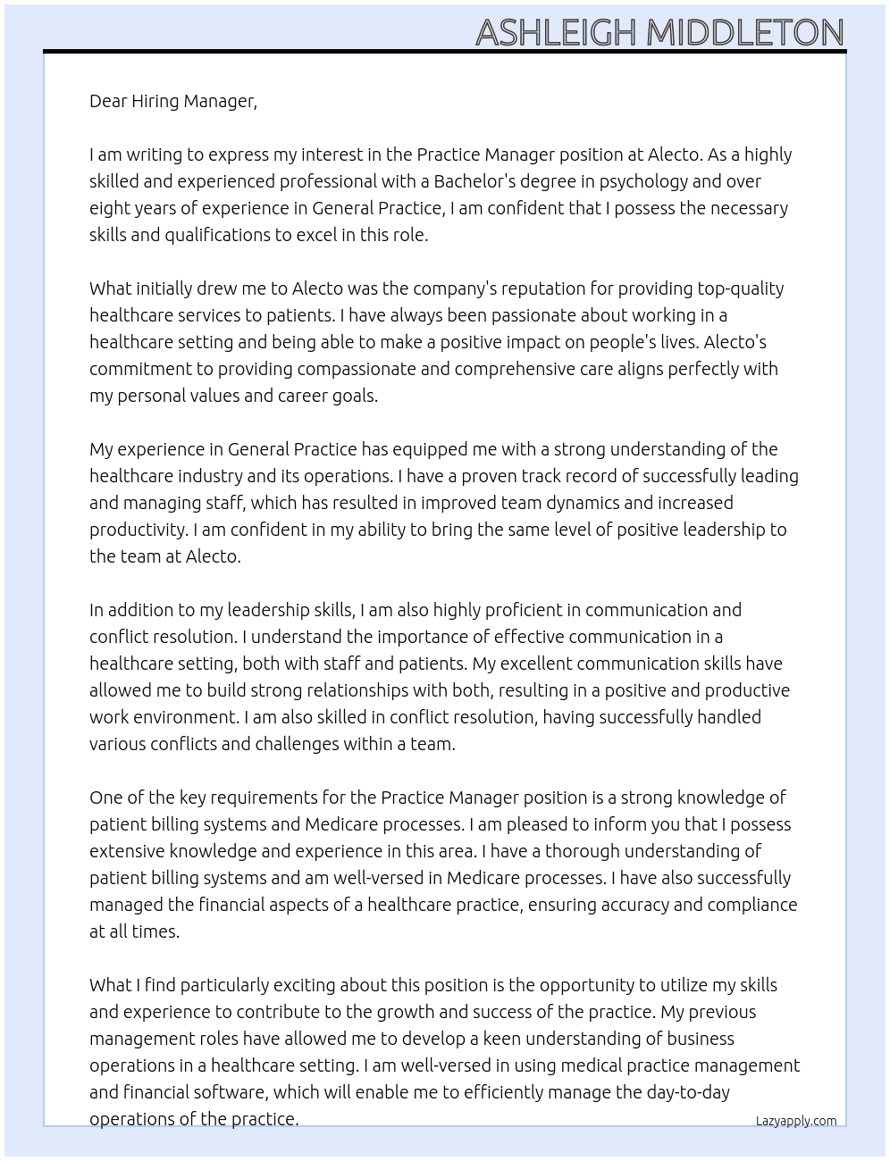 Practice Manager At Alecto Cover Letter