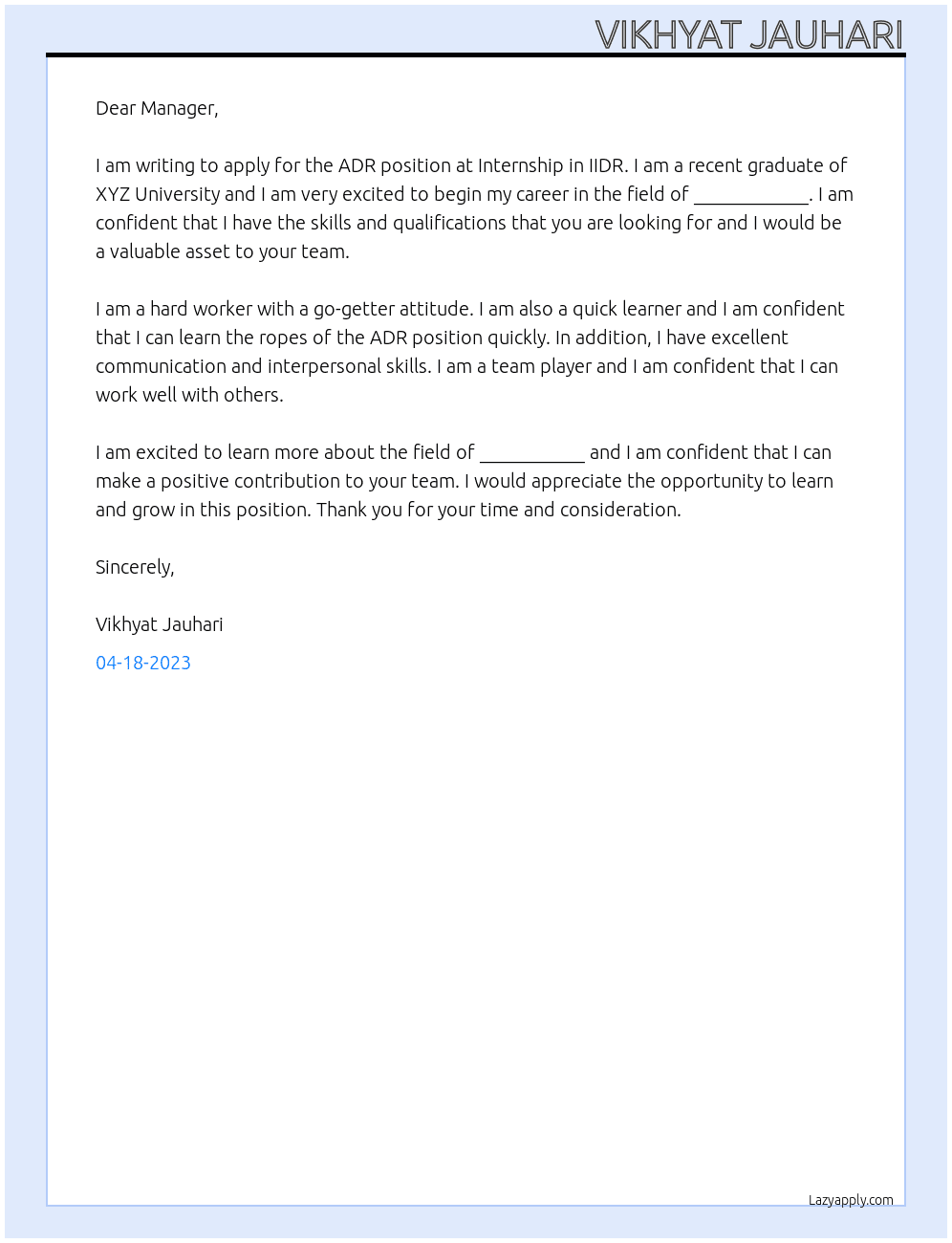 ADR At Internship in IIDR Cover Letter