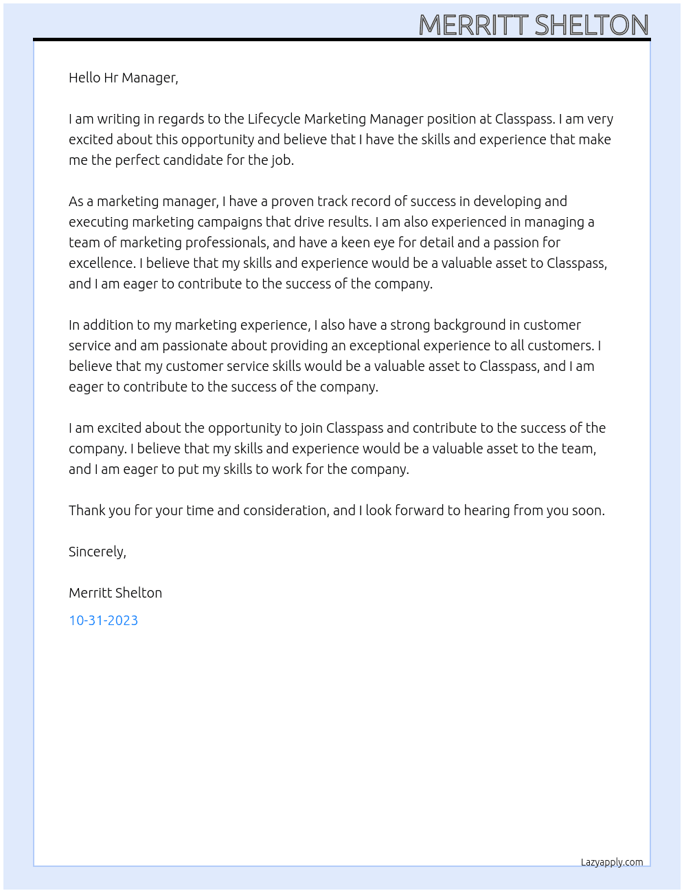 Lifecycle Marketing Manager At Classpass Cover Letter