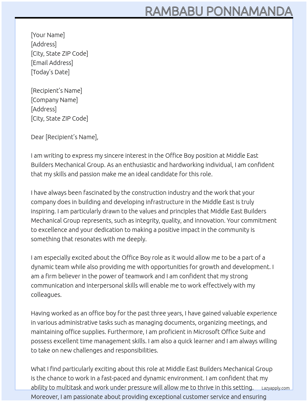 Office boy At Middle East Builders Mechanical Group Cover Letter