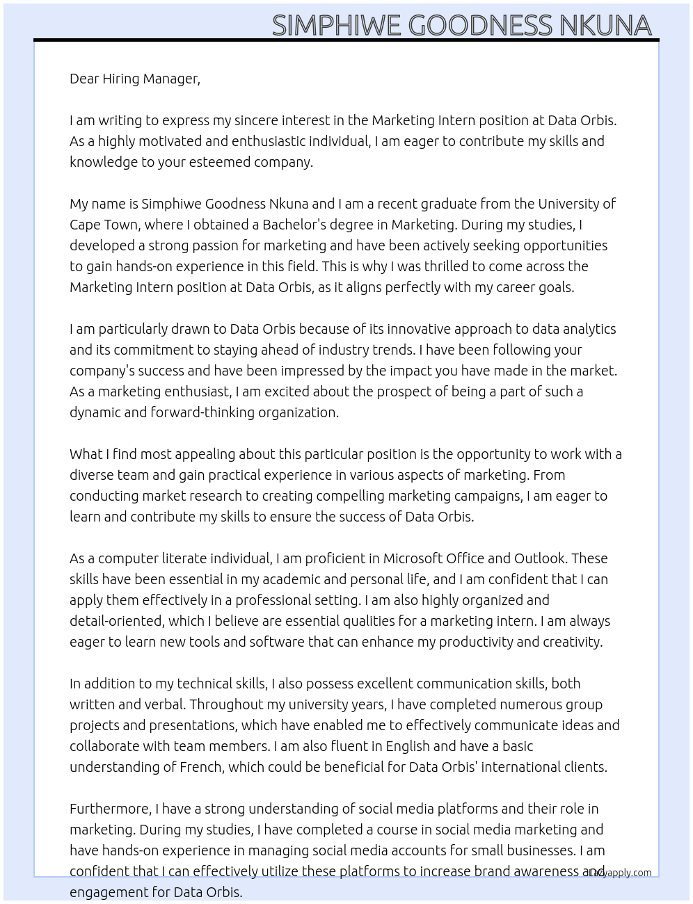 Marketing intern  At Data Orbis  Cover Letter