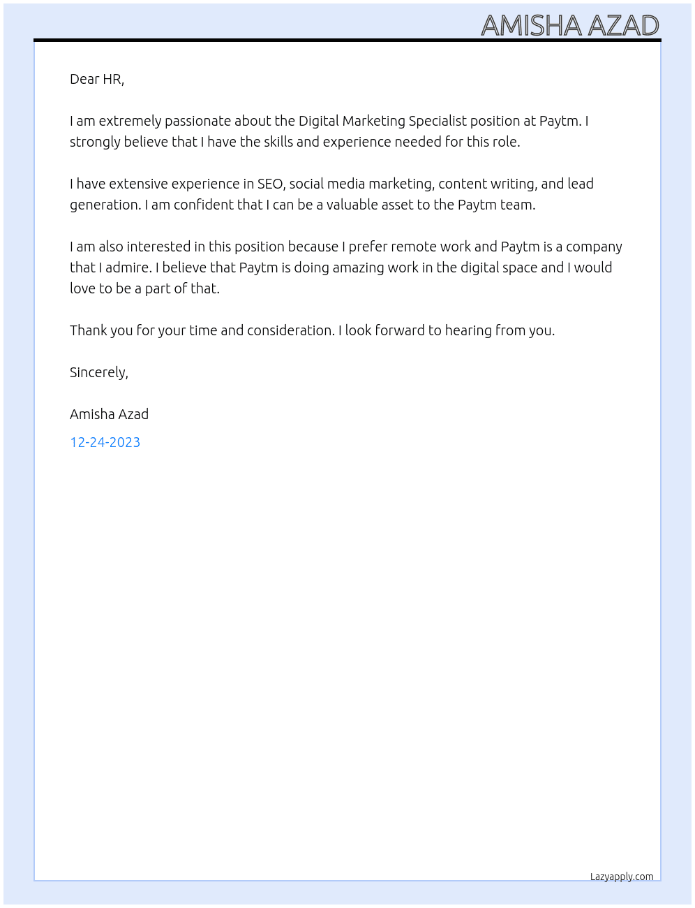 Digital marketing specialist  At Paytm  Cover Letter