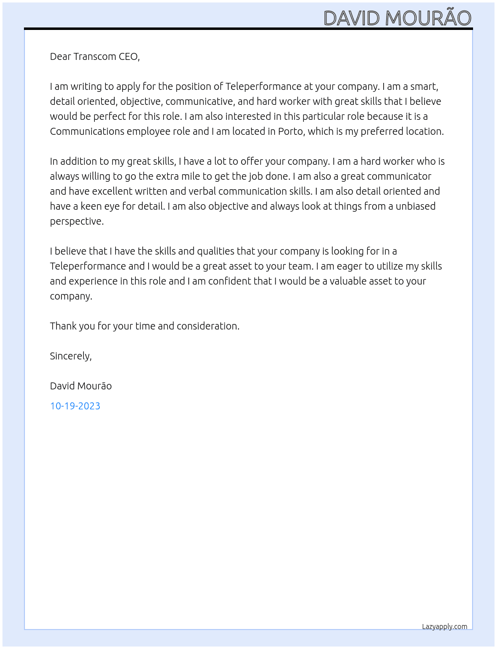 Teleperformance At Transcom Cover Letter