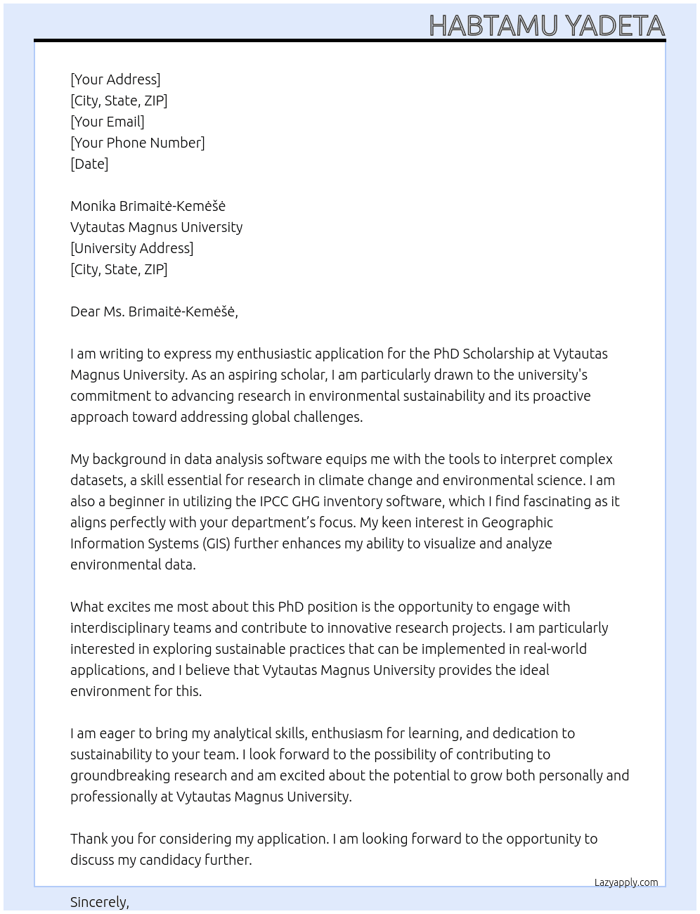 PhD Scholarship At Vytautas Magnus University Cover Letter