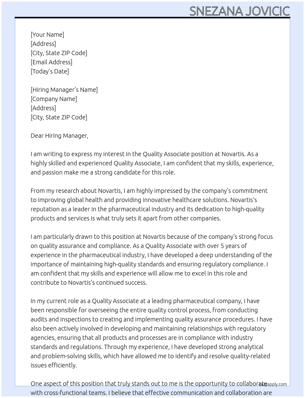 Quality Associate At Novartis Cover Letter