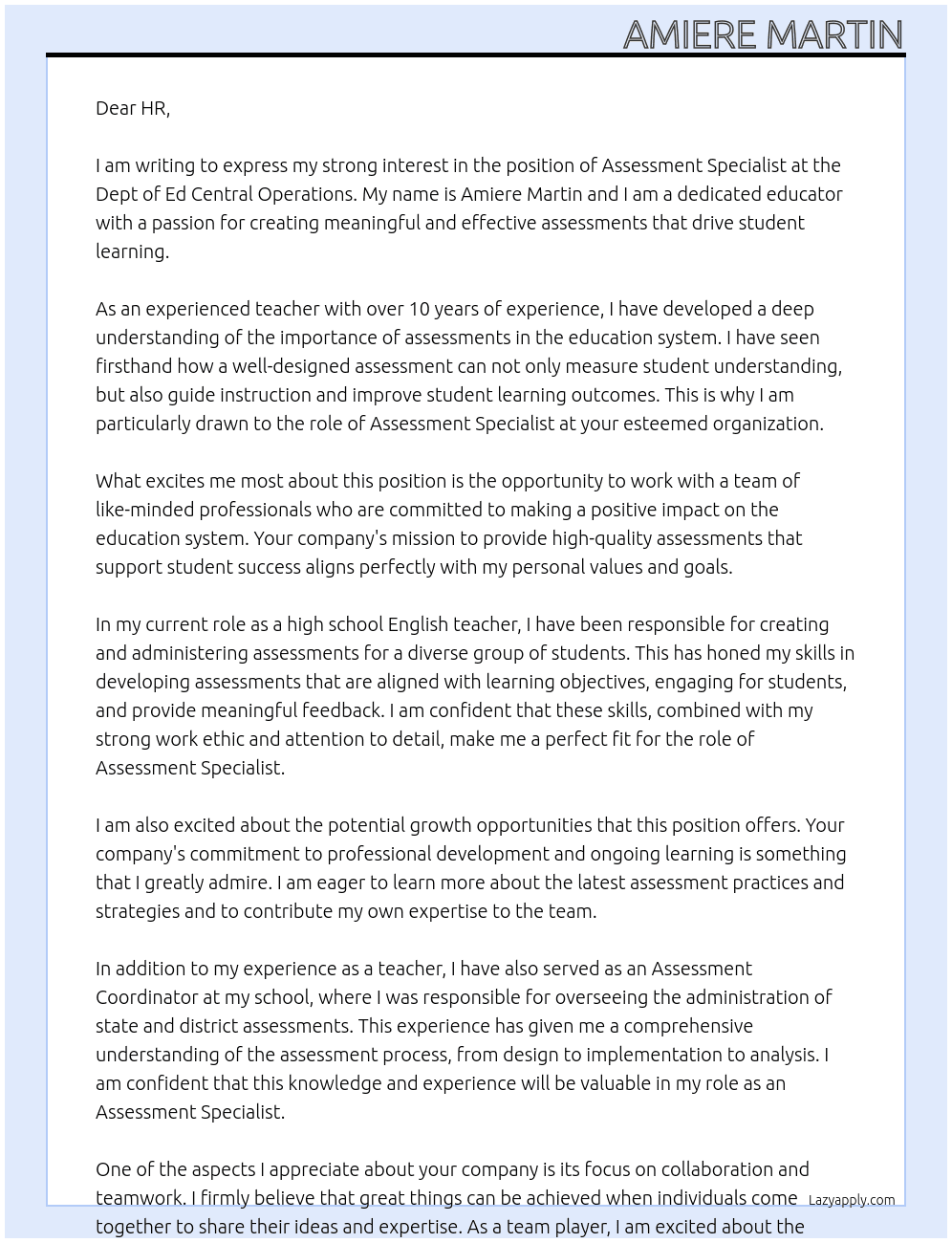Assessment Specialist At Dept of Ed Central Operations Cover Letter