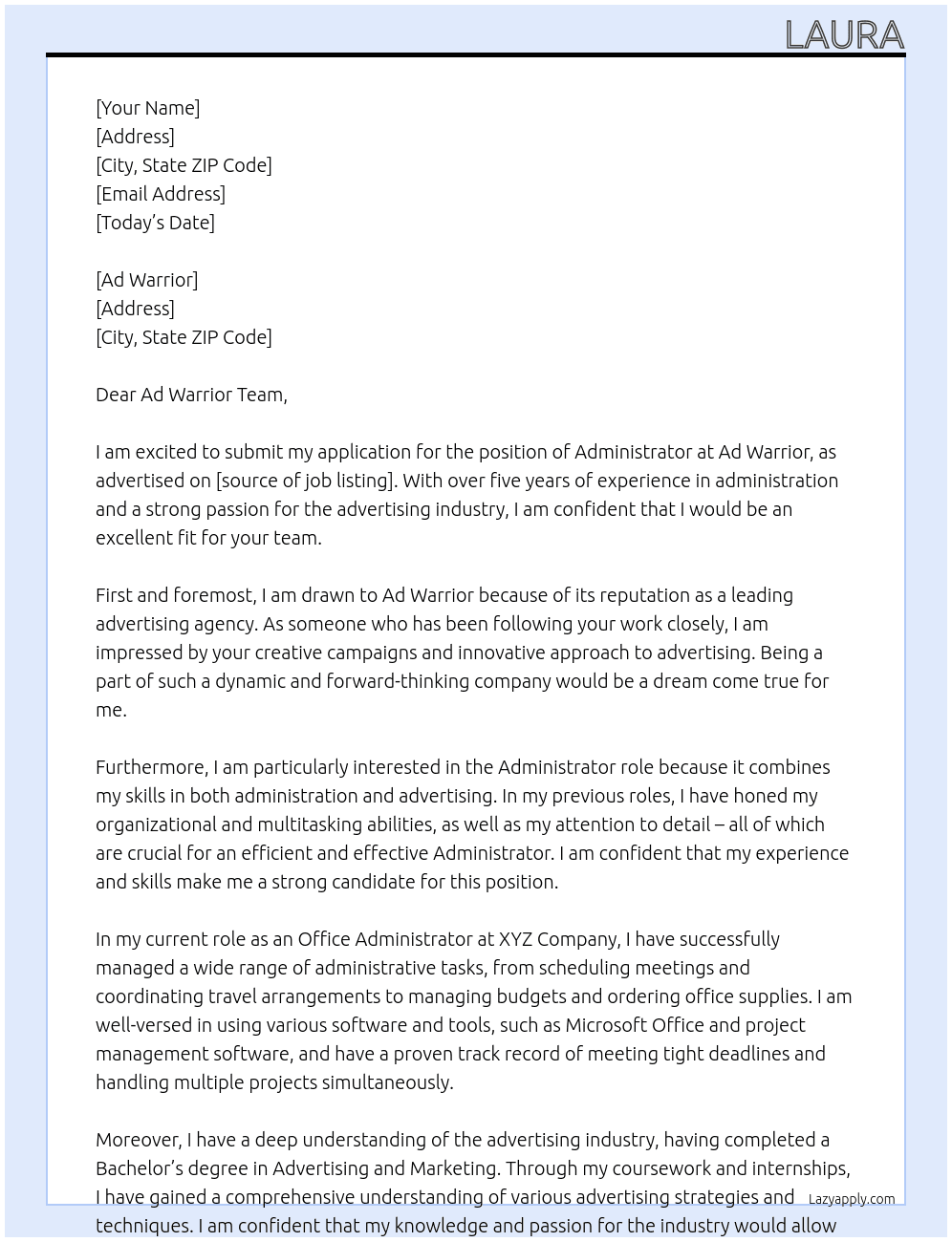 Administrator At Ad Warrior Cover Letter