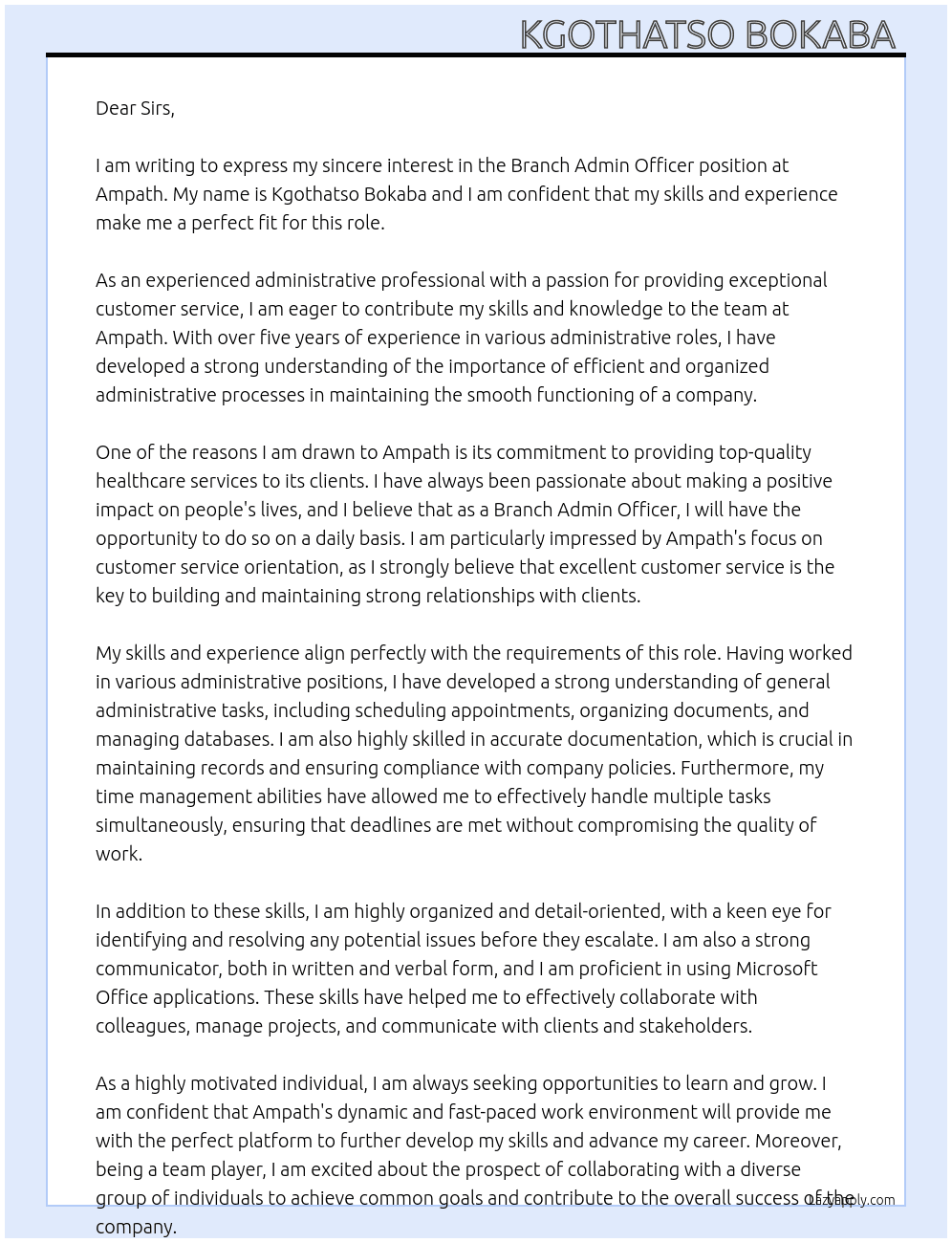 Branch Admin Officer At Ampath Cover Letter
