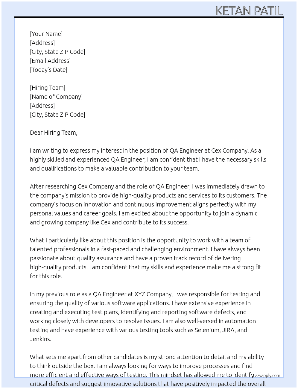 QA Engineer At Cex Company Cover Letter