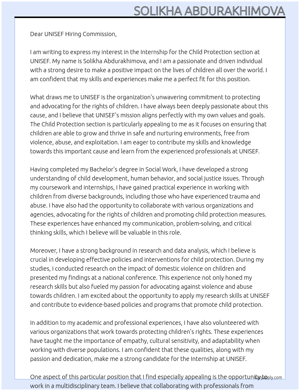 Internship for Child Protection section At UNISEF Cover Letter
