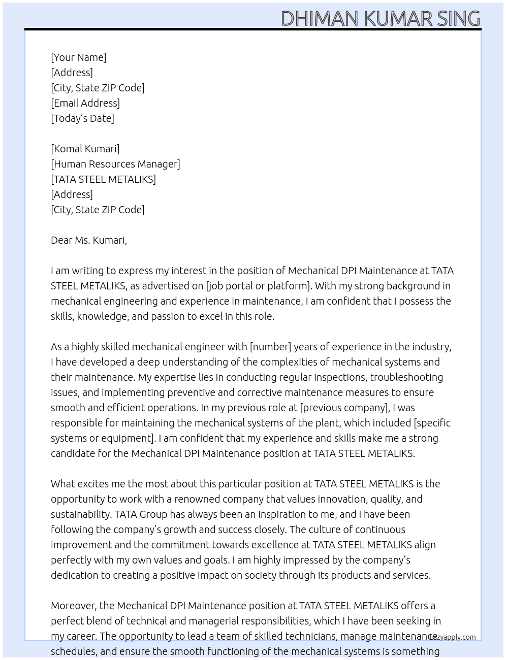 Cover letter for mechanical dpi maintenance - LazyApply