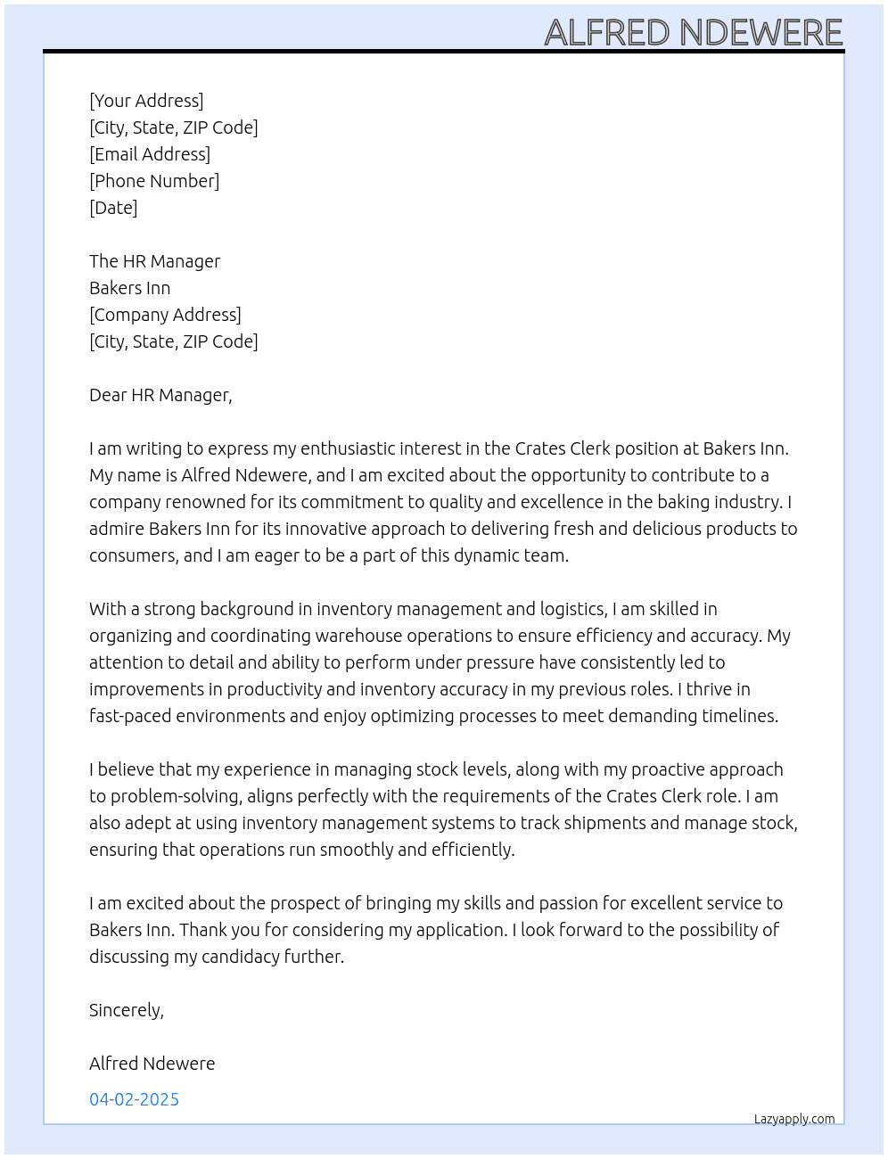 Crates Clerk At Bakers Inn Cover Letter