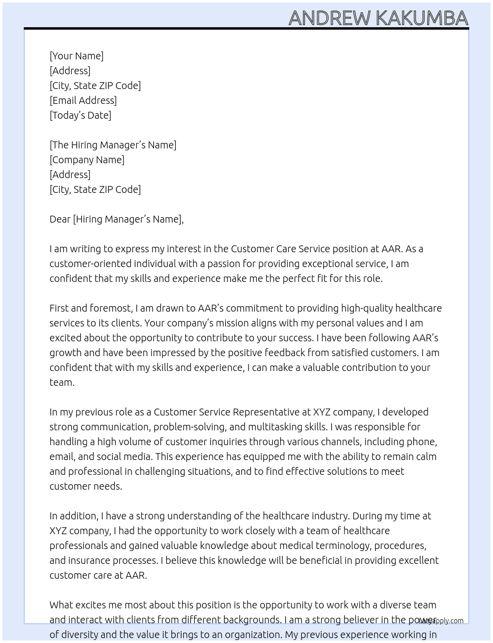Customer Care Service At AAR Cover Letter