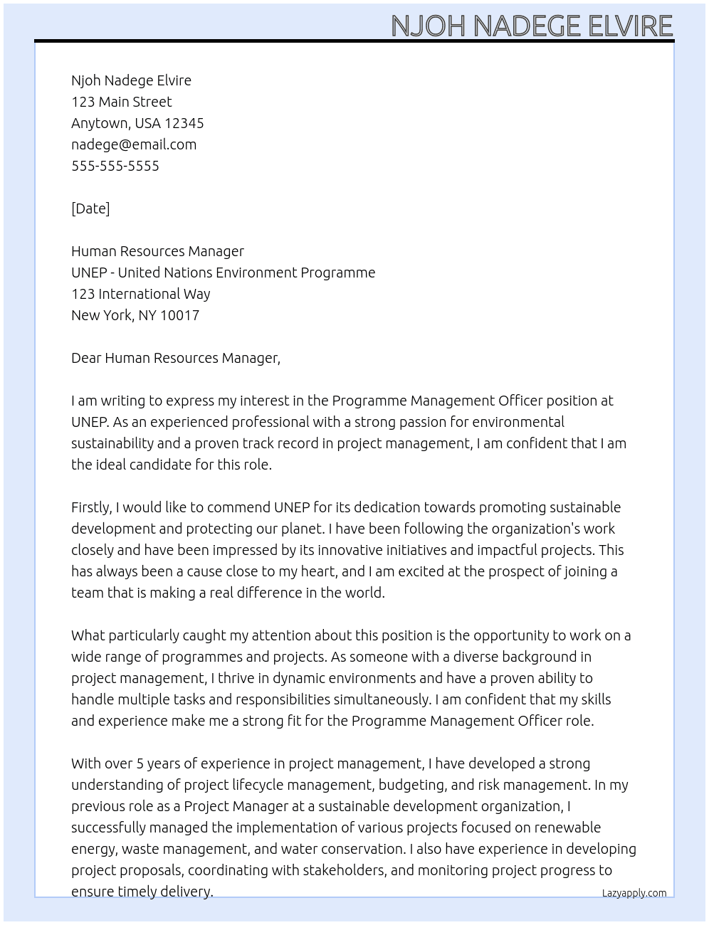 Programme Management Officer At UNEP - United Nations Environment Programme Cover Letter