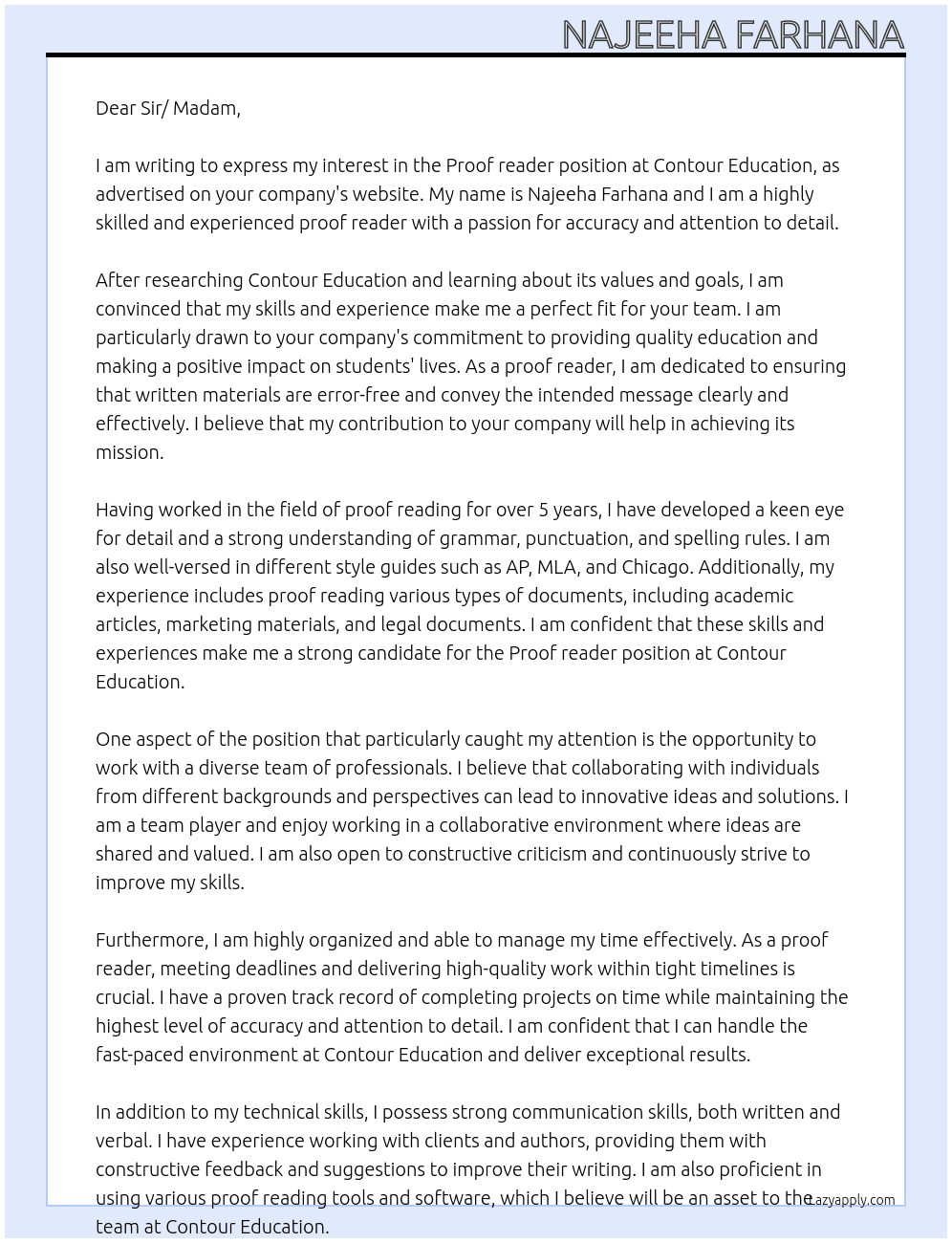 Proof reader  At Contour Education  Cover Letter