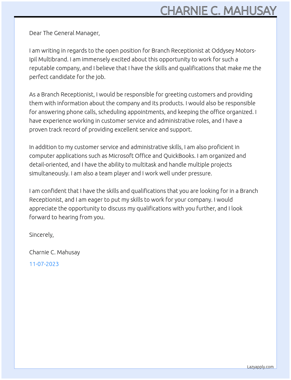 Branch Receptionist At Oddysey Motors- Ipil Multibrand Cover Letter