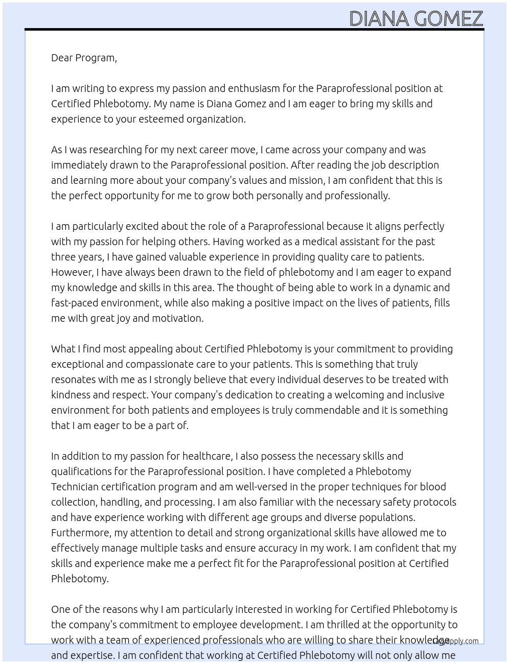 Paraprofessional  At Certified Phelbotomy  Cover Letter