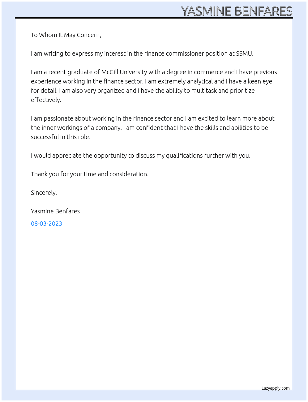 finance commissioner At SSMU Cover Letter