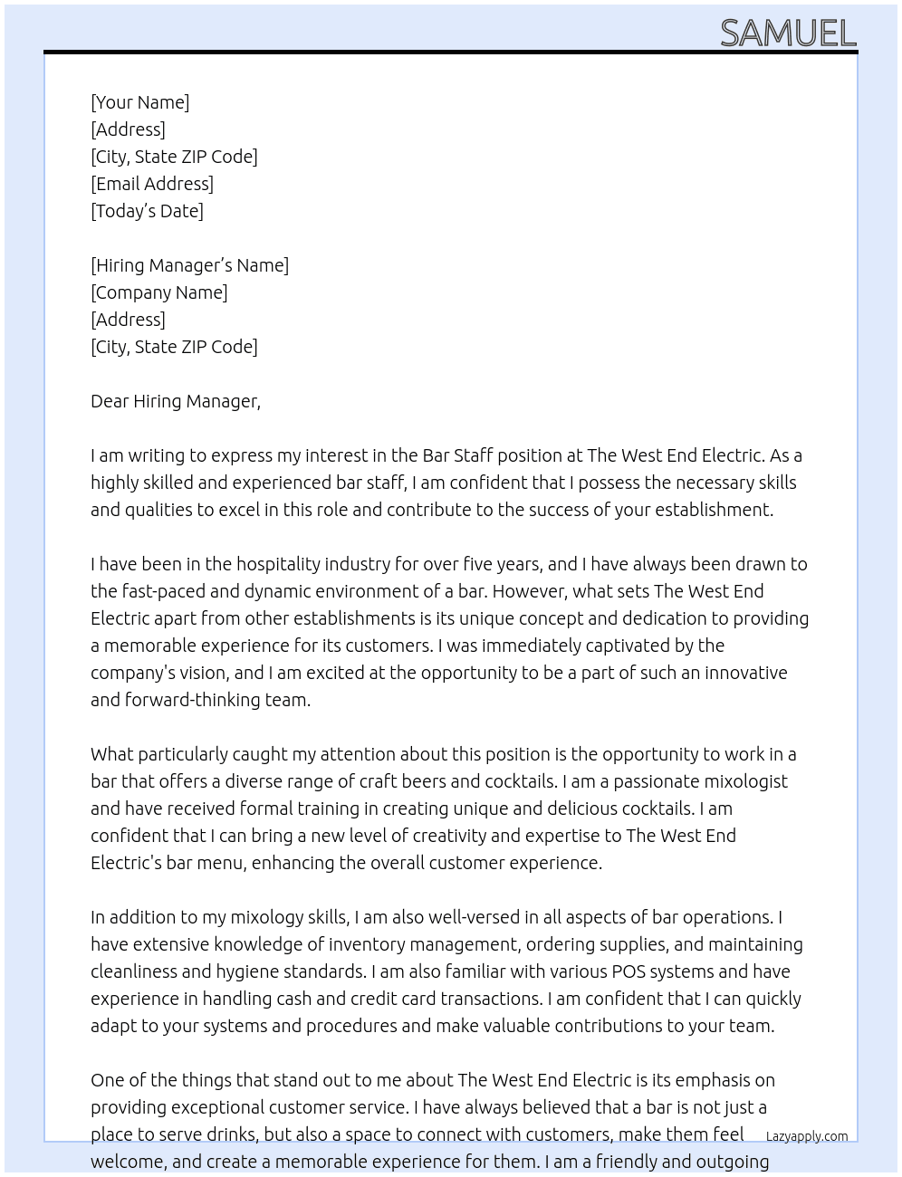 Bar Staff At he West End Electric Cover Letter