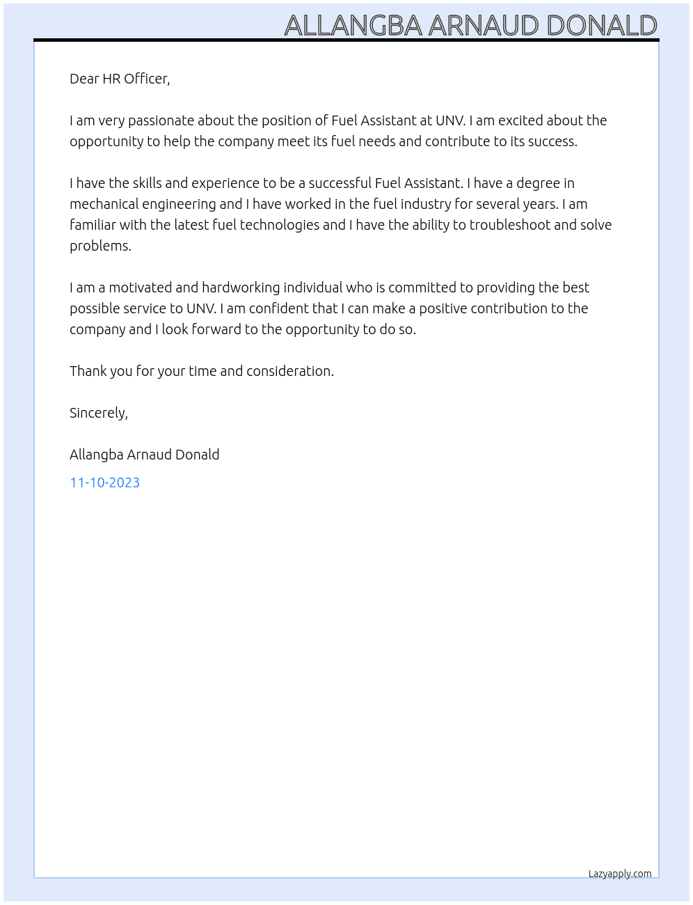 Fuel Assistant At UNV Cover Letter