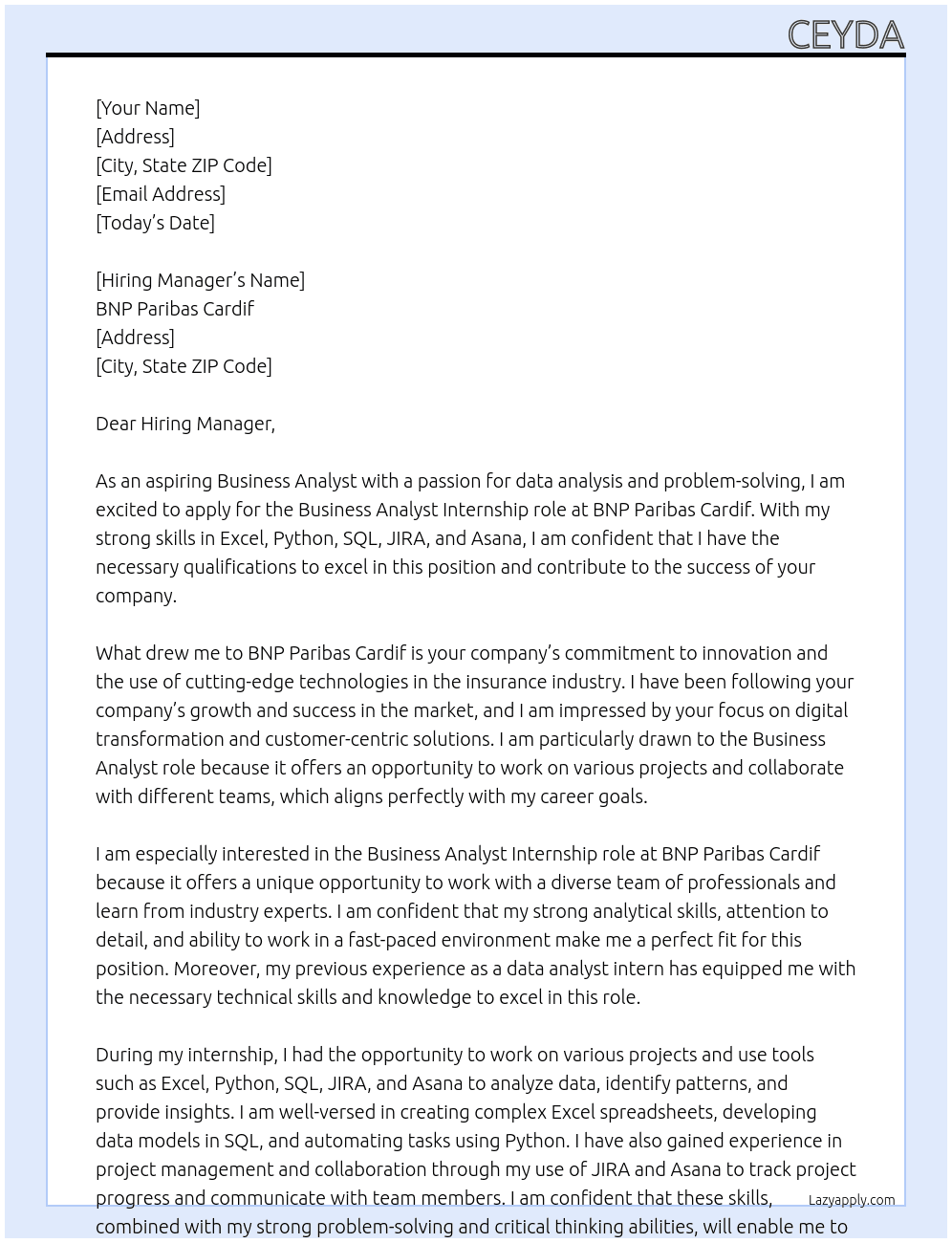 Buisness analyst At Bnp paribas cardif Cover Letter