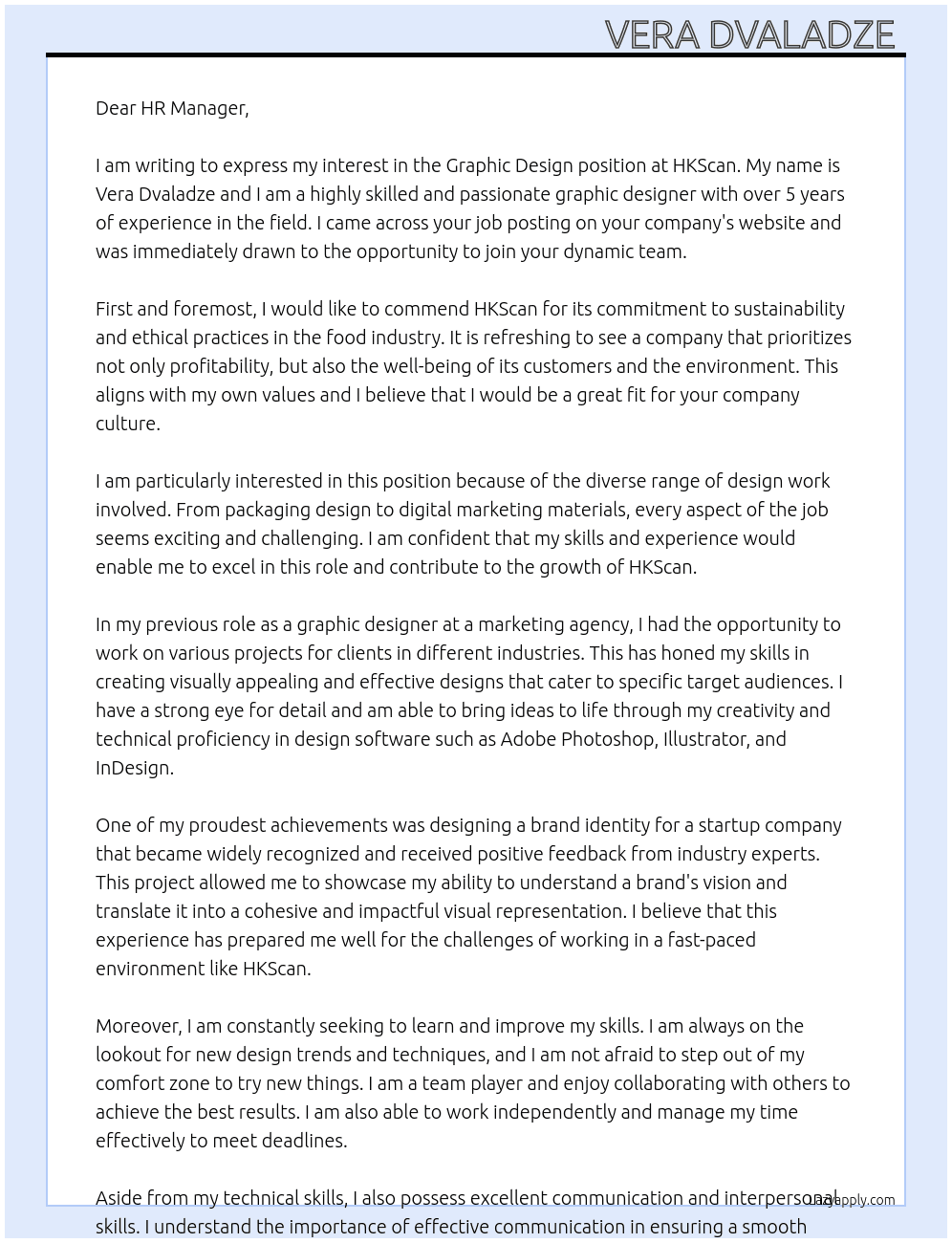 Graphic design  At HKScan Cover Letter