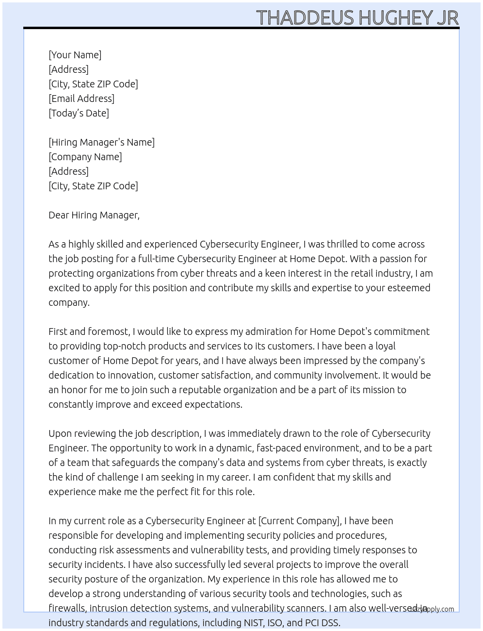 Cybersecurity Engineer At Home Depot Cover Letter