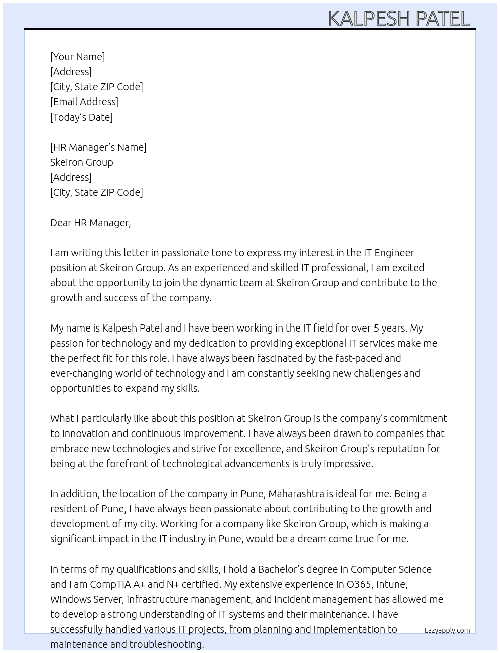 IT ENGINEER  At Skeiron Group  Cover Letter