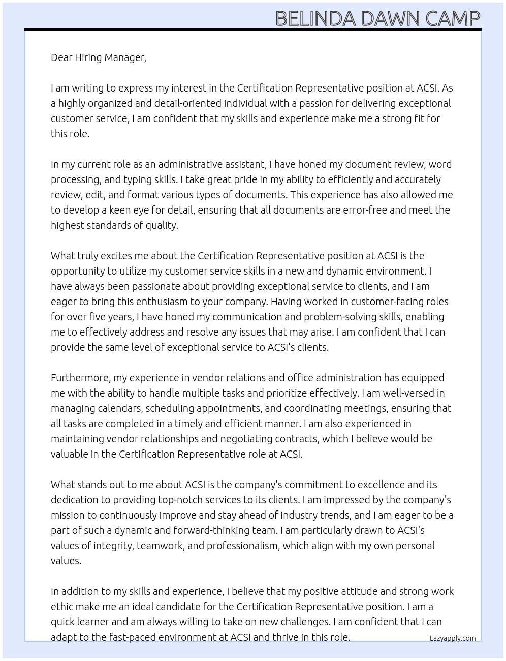 Certification Representative At ACSI Cover Letter