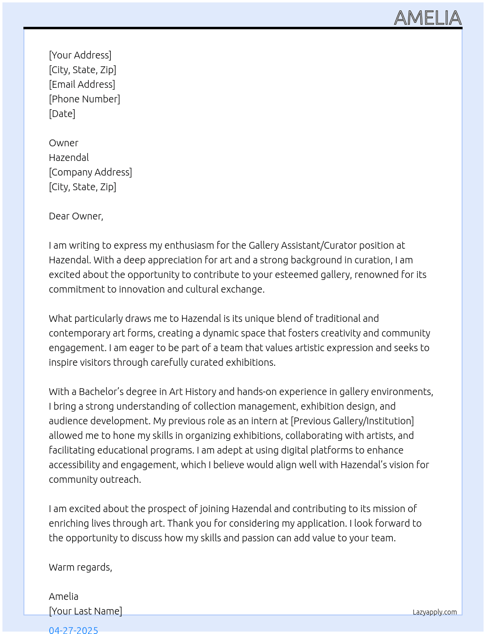 Gallery assitant /curator At Hazendal Cover Letter