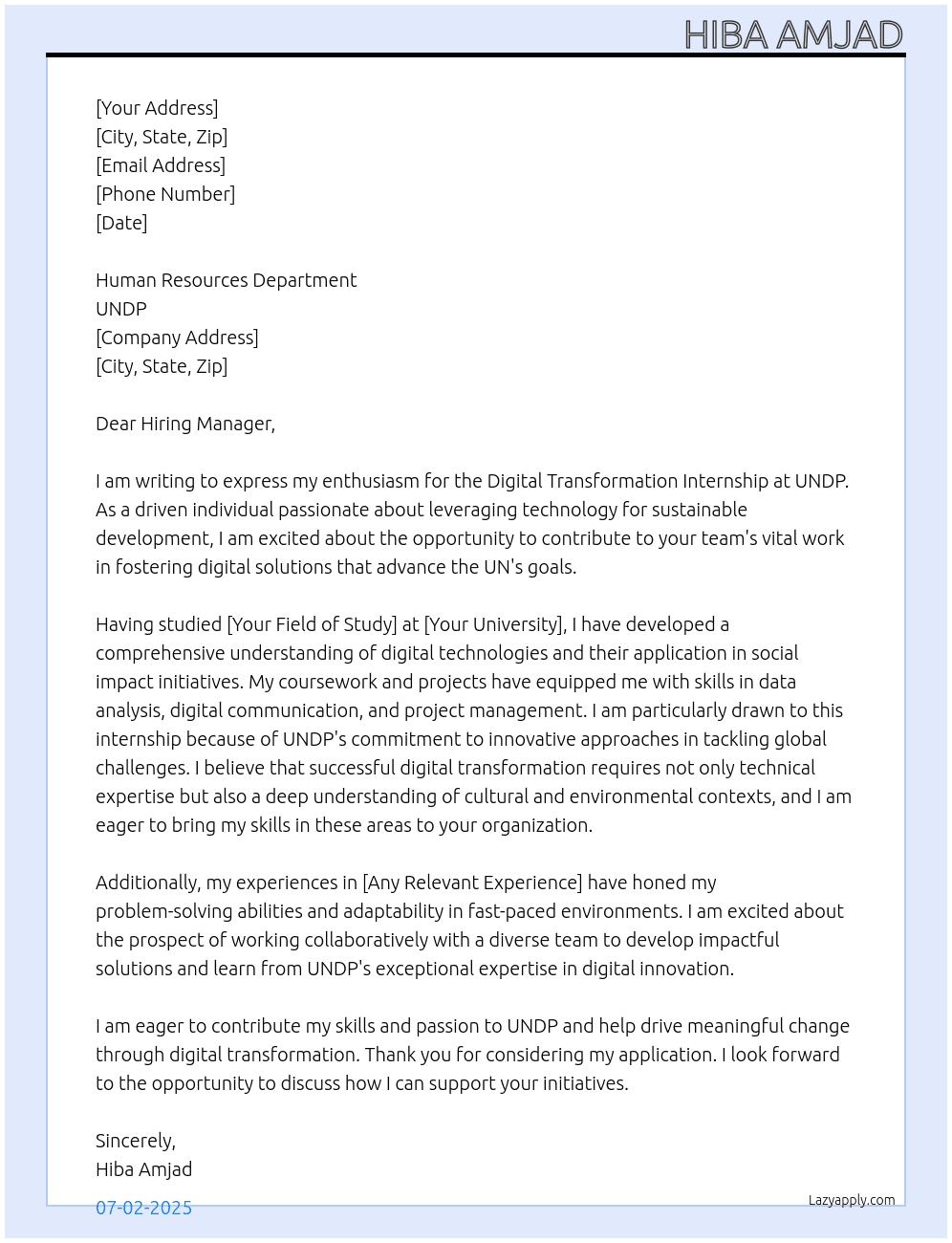 Digital Transformation Internship  UNDP At UNDP Cover Letter