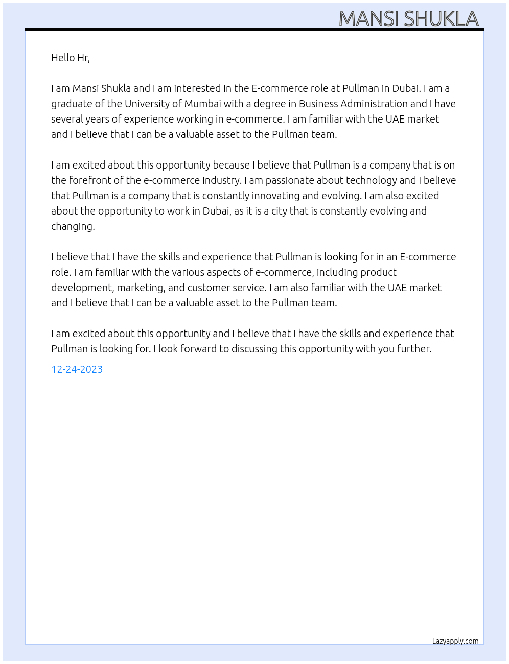 E-commerce  At Pullman in dubai  Cover Letter
