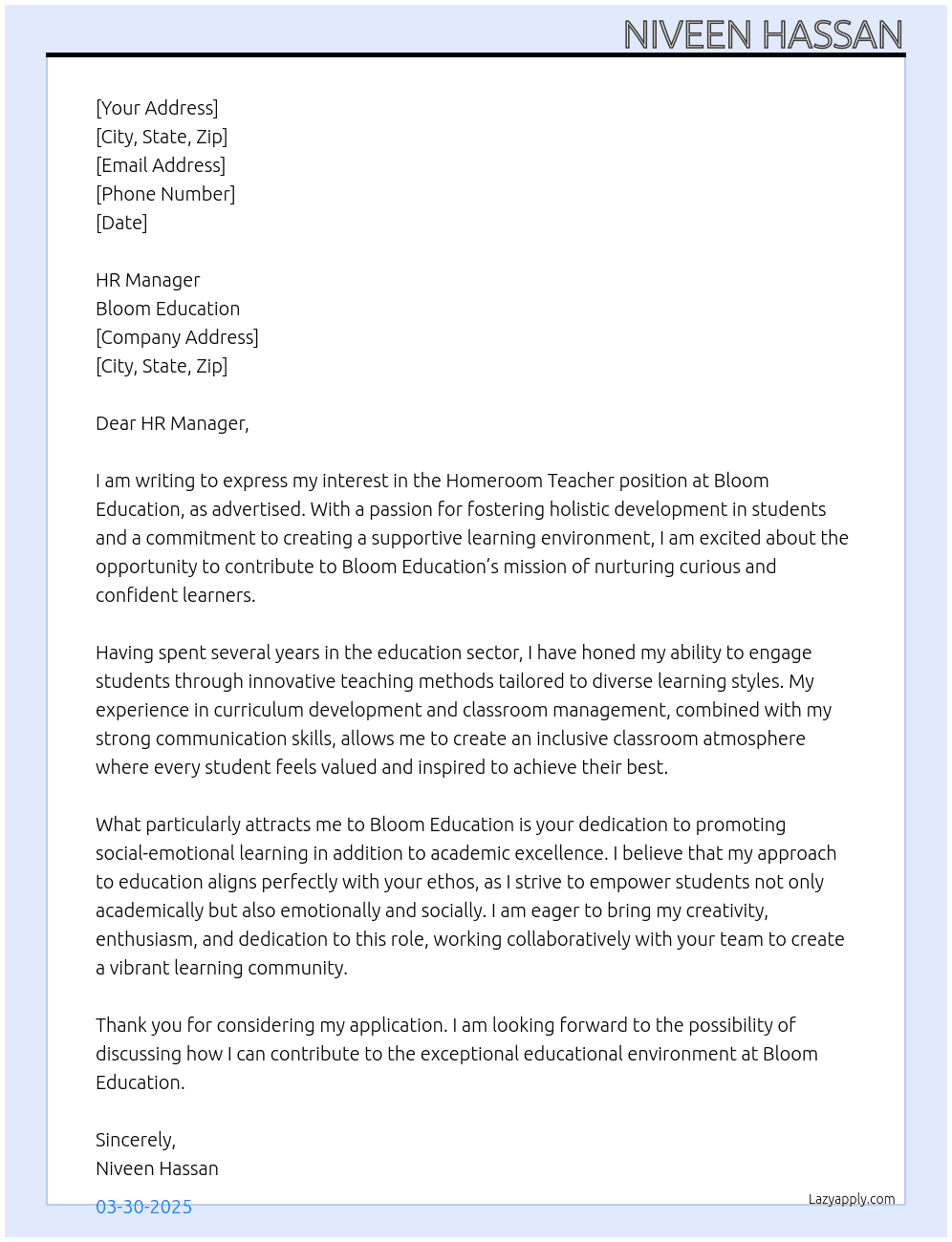 Homeroom Teacher At Bloom Education Cover Letter