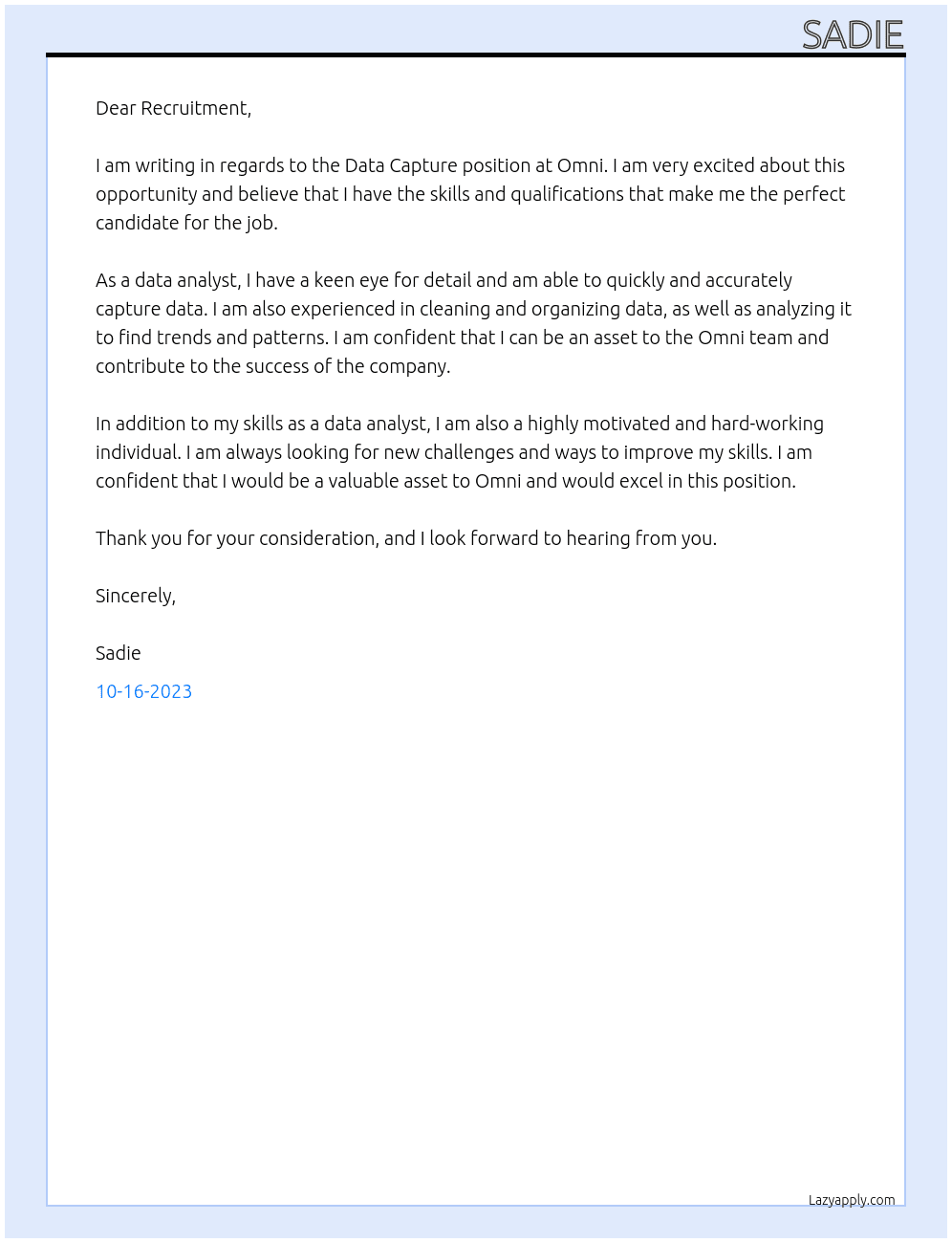 Data clear capture At Omni Cover Letter