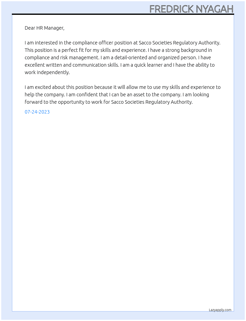 compliance officer At Sacco Societies Regulatory Authority Cover Letter