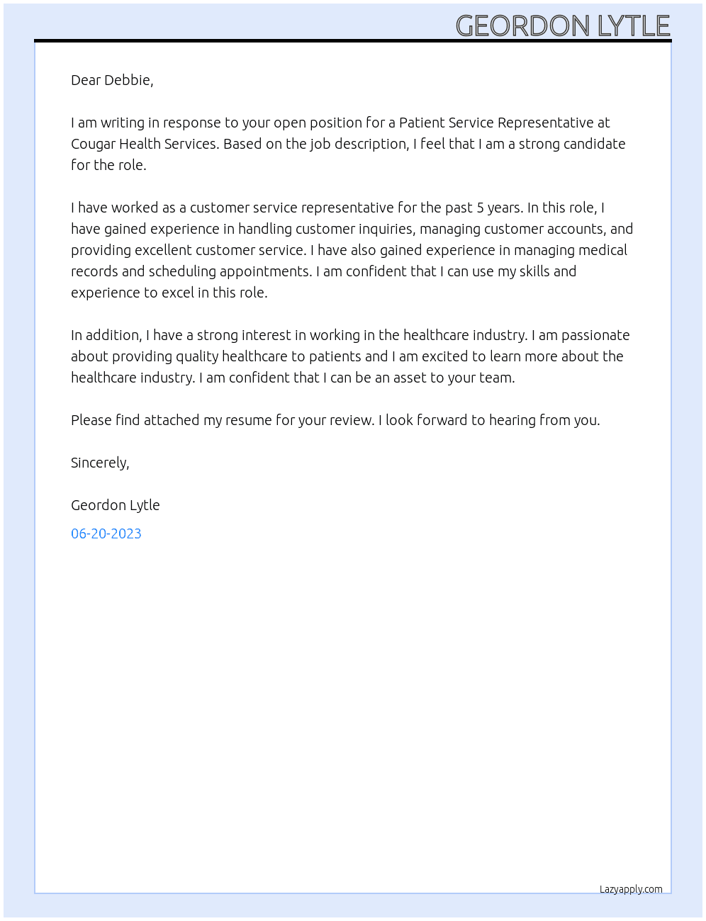 Patient service representative At Cougar Health Services Cover Letter