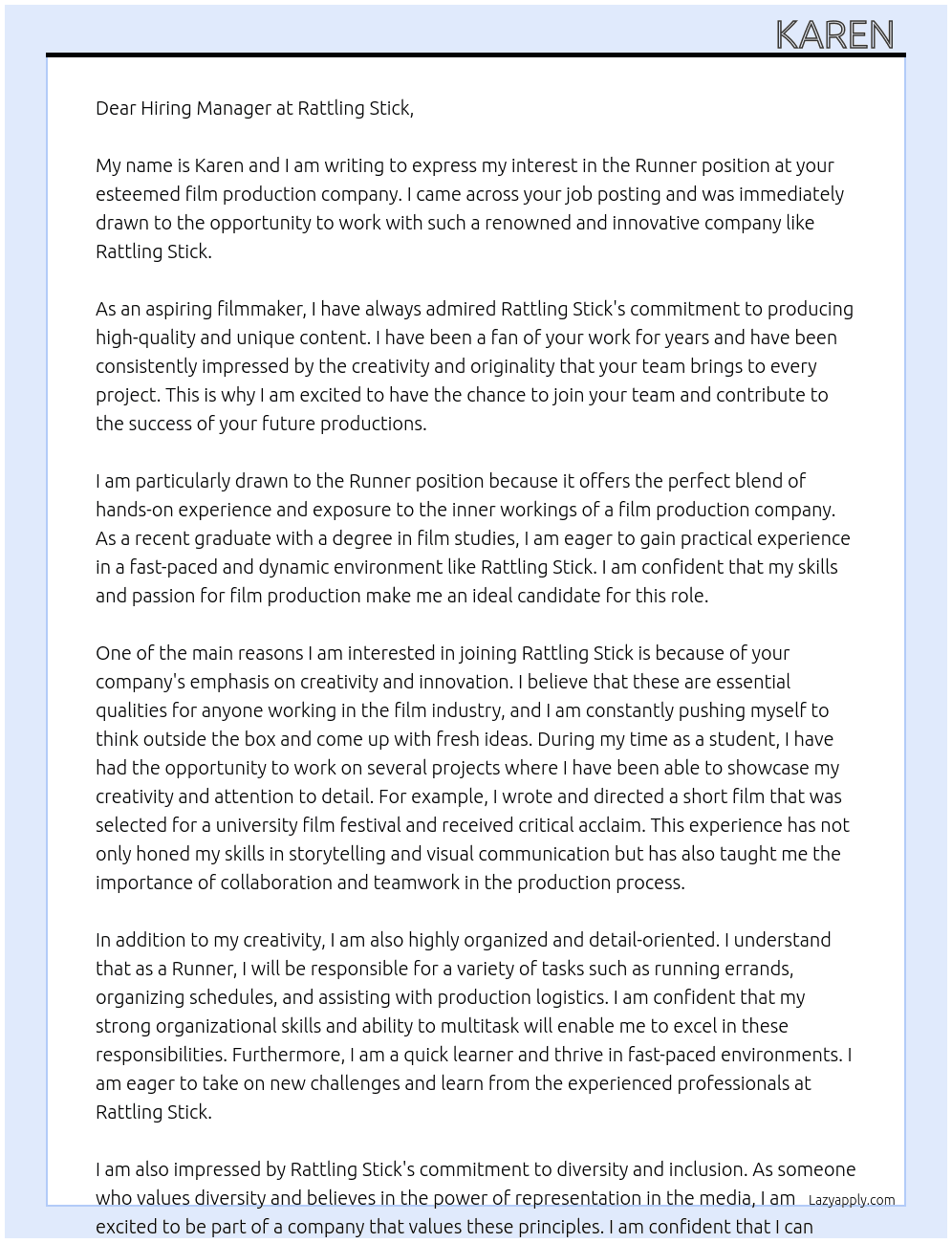 Runner (film production)  At Rattling Stick Cover Letter