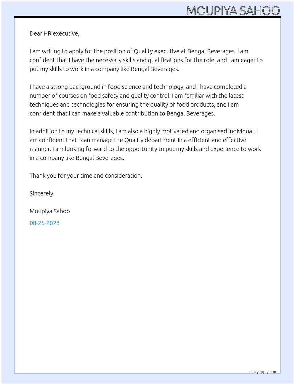 Quality executive  At Bengal Beverages  Cover Letter
