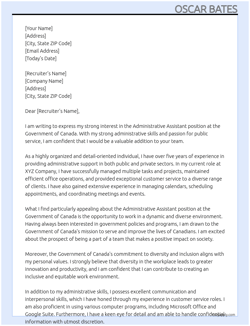 administrative assistant At Government of Canada Cover Letter
