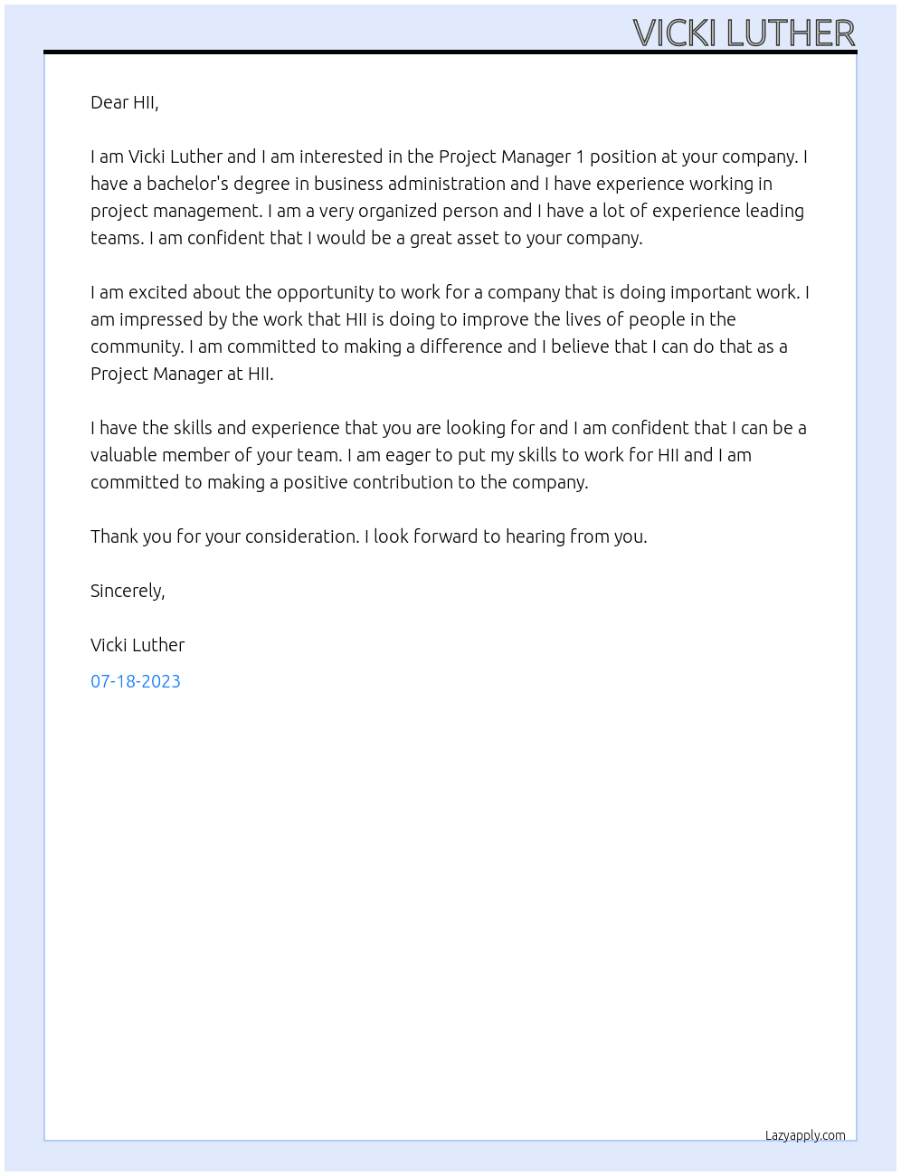 Project Manager 1 At HII Cover Letter