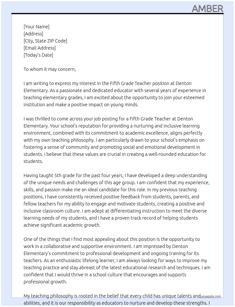Fifth grade teacher At Denton Elementary  Cover Letter