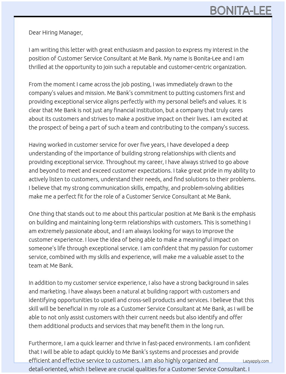 For Customer Service Consultant At Me Bank Cover Letter