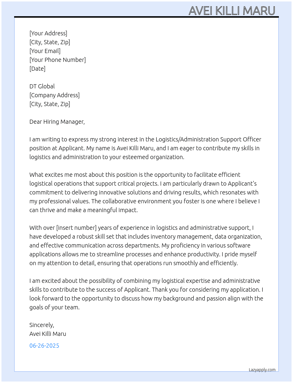 Logistics/Administration support officer  At Applicant Cover Letter
