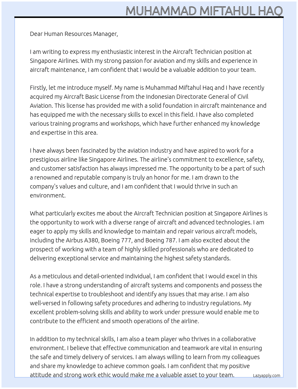 Aircraft Technician At Singapore Airlines Cover Letter