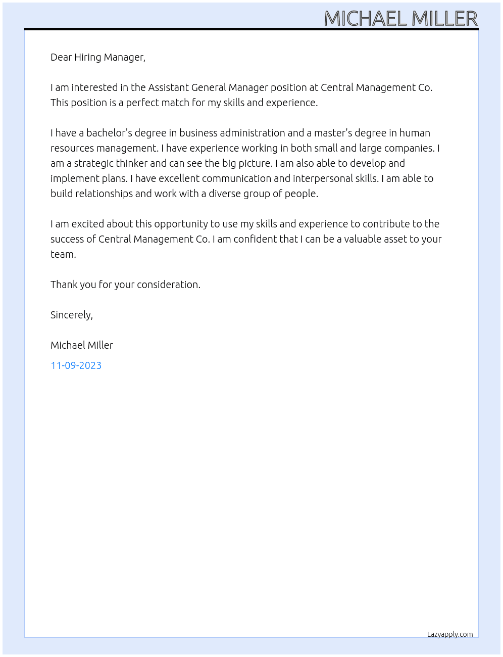 Assistant General Manager At Central Management Co. Cover Letter