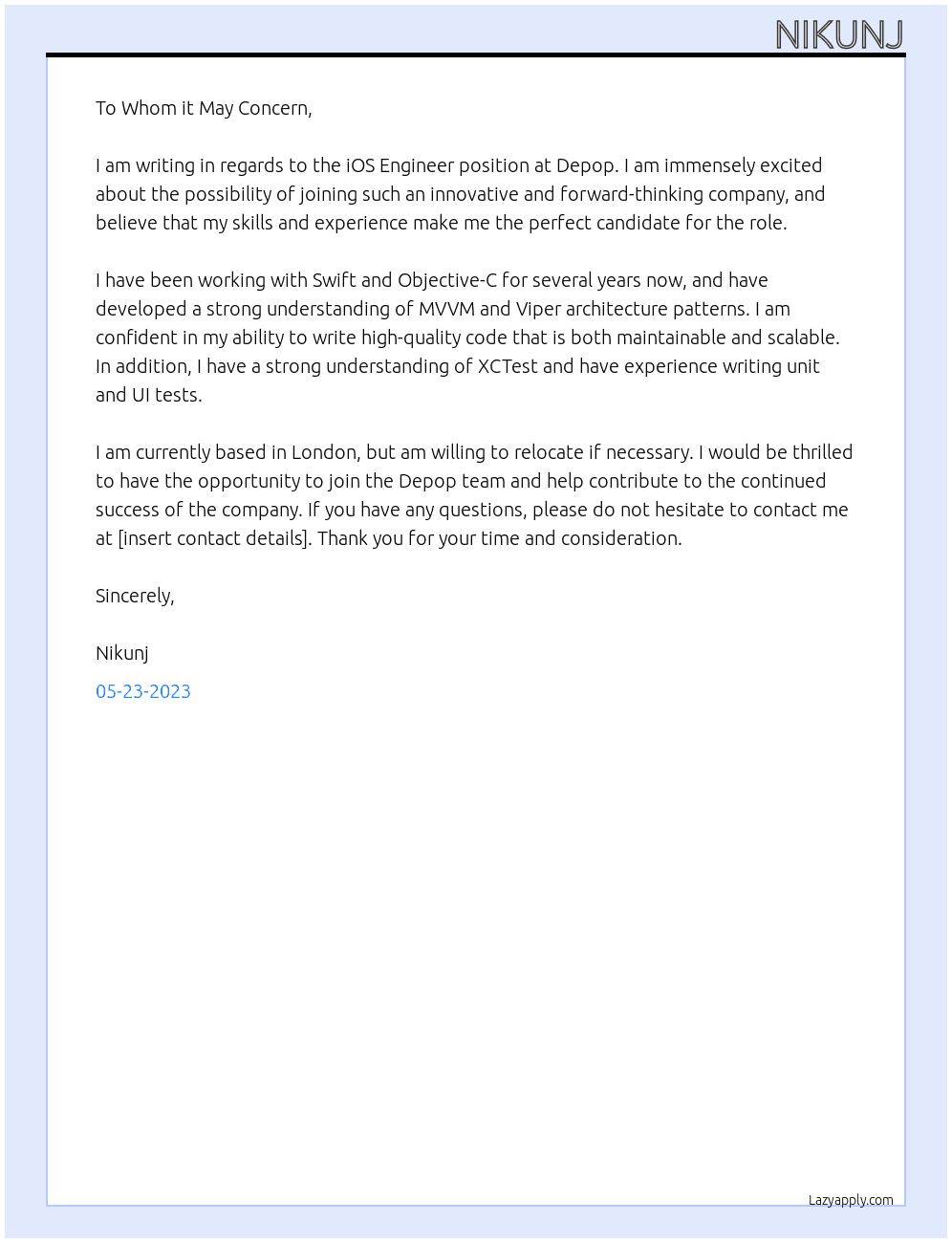 iOS Engineer At Depop Cover Letter
