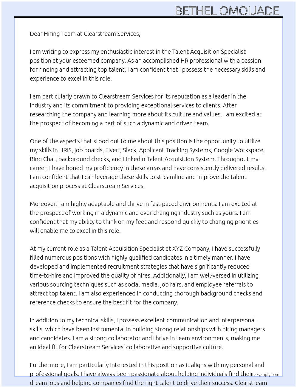Talent Acquisition Specialist  At Clearstream Services  Cover Letter