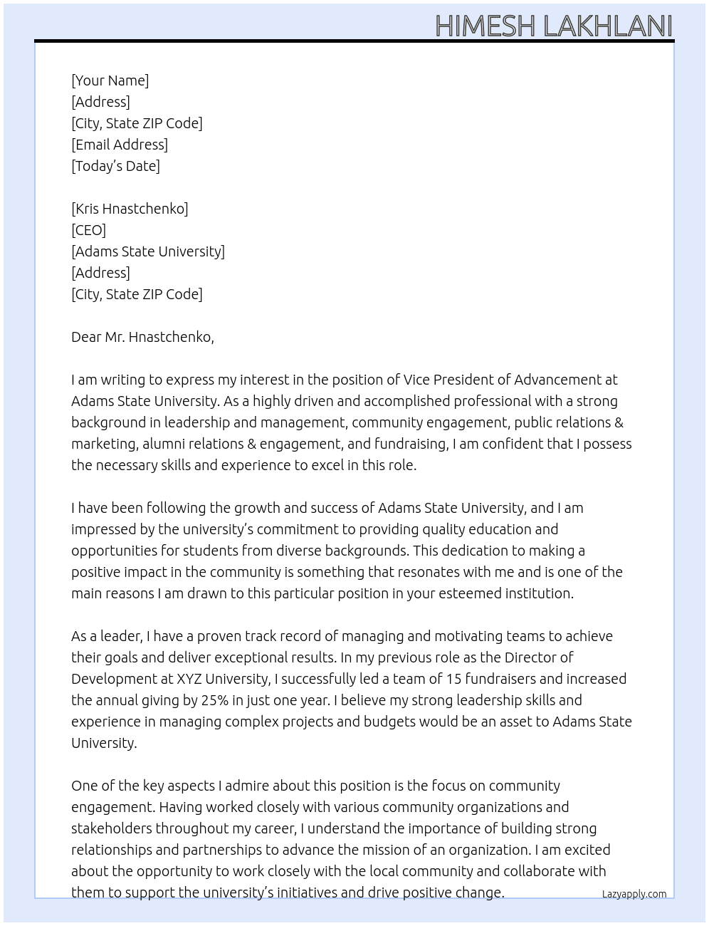 Vice President of Advancement At Adams State University Cover Letter