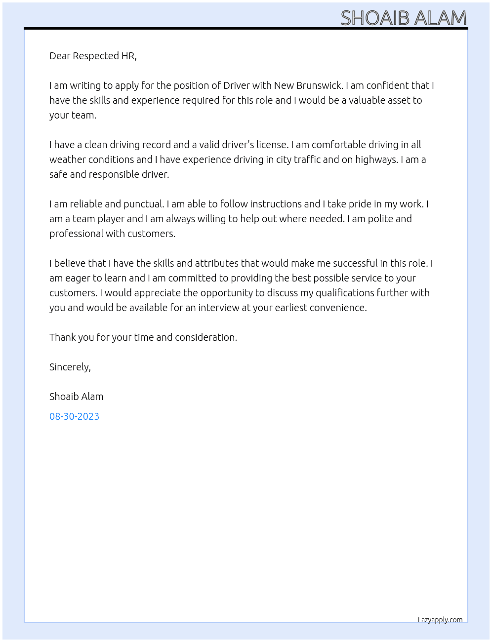 Driver At New Brunswick Cover Letter