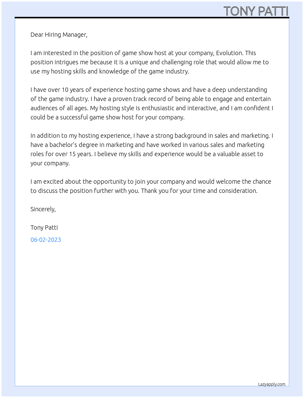 Game Show Host At Evolution Cover Letter